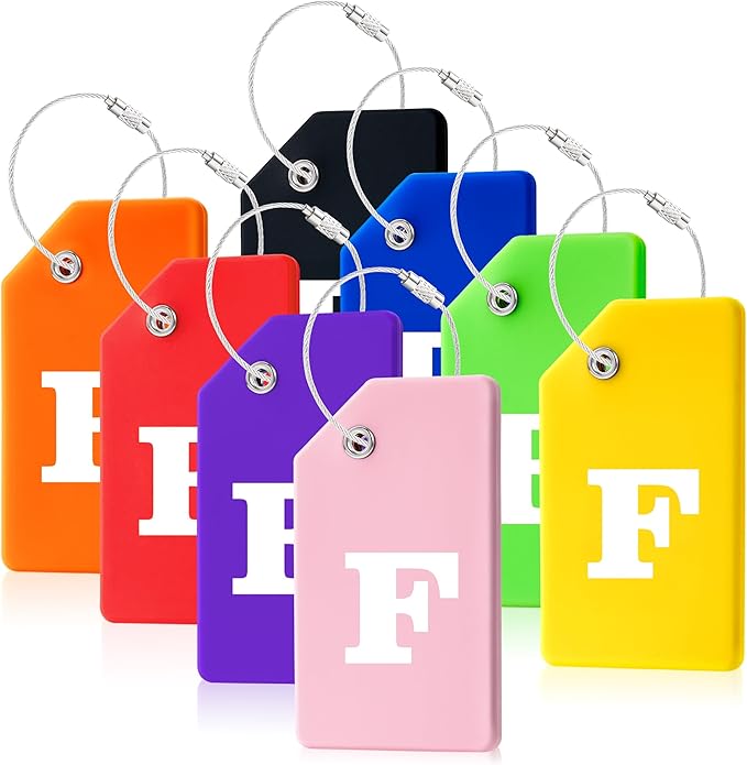 8 Pcs Luggage Tags for Suitcases, 26 Initial Letter Travel Luggage Baggage Identification Labels ID Tags Fully Bendable Tags with Stainless Steel Loop (Letter F, Colorful)