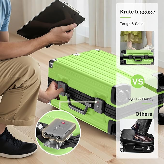 Krute Aluminum Frame Carry On Luggage 20 Inch Zipperless Luggages USB Charger Hardside PC Suitcase With Spinner Wheels Airline Approved Hard Shell Suitcases with TSA Lock (1 Piece)