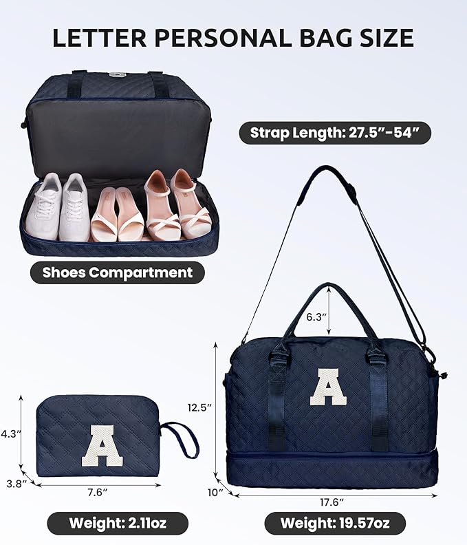 Initial Duffle with Shoe Compartment, Personalized Weekender Bag with Shoulder Strap, Overnight Travel Bag with Makeup Pouch for Women (Letter E)
