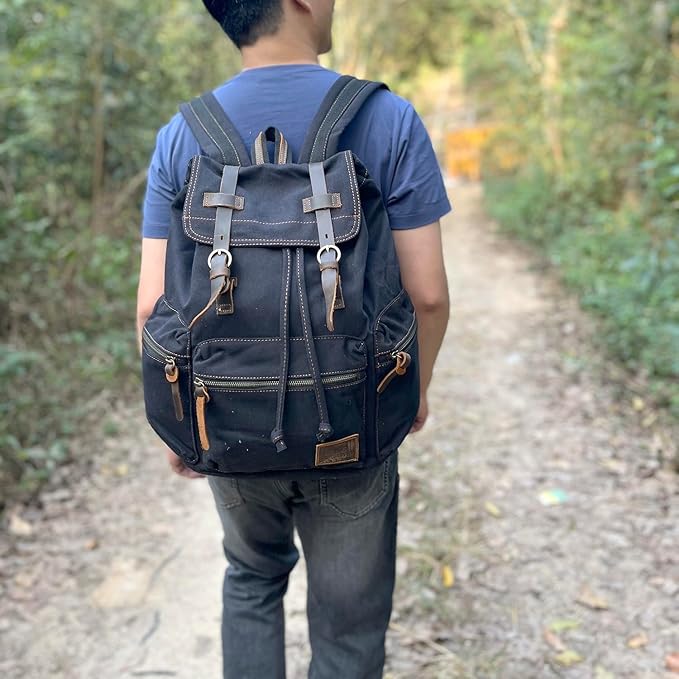 AUGUR High Capacity Canvas Vintage Backpack - for School Travel 12-15.6" Laptop Backapcks for Men Casual Daypacks Rucksack (L-Black)