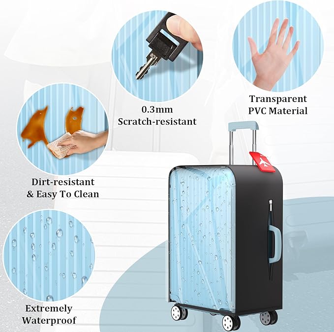 Upgraded Clear TPU Suitcase Cover Protector with Stretchable Black Sides, Fit 20 Inch Carry On Luggage TSA Approved, Waterproof & Anti-Scratch, Includes Free Red Luggage Tag