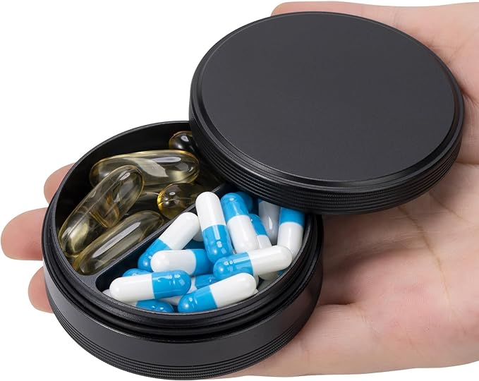 Pill Box 2 Compartment Pill Case - Portable Metal Travel Pill Container for Pocket or Purse, Waterproof Pill Organizer Holder for Medicine Vitamin Fish Oil and Supplements