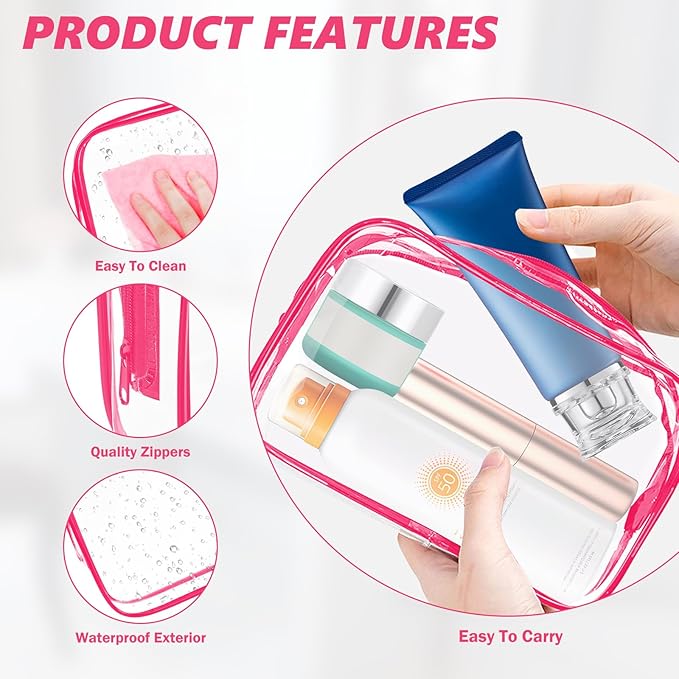 AURUZA 6 Pack Clear Toiletry Bag,Portable Travel Makeup Bags with Zipper, TSA Approved Clear Organizer Bags, PVC Cosmetic Pouch for Airport Airline Compliant (6 Packs Rose Red)