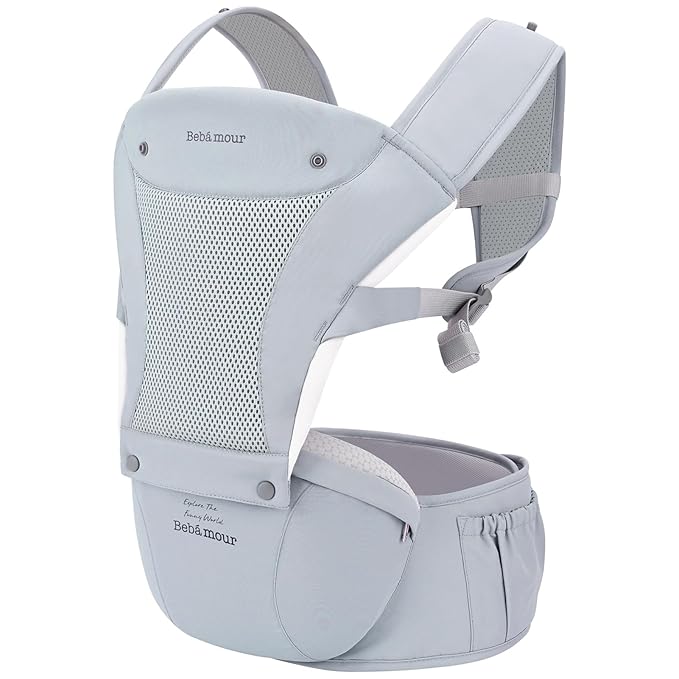 Bebamour Baby Carrier with Hip Seat,All-Position Breathable Mesh Hip Seat & Carrier 0-36Months with Head Hood, 3 PCS Teething Pads, Waist Extender,Storage Bag & Pacifier Case (Blue)