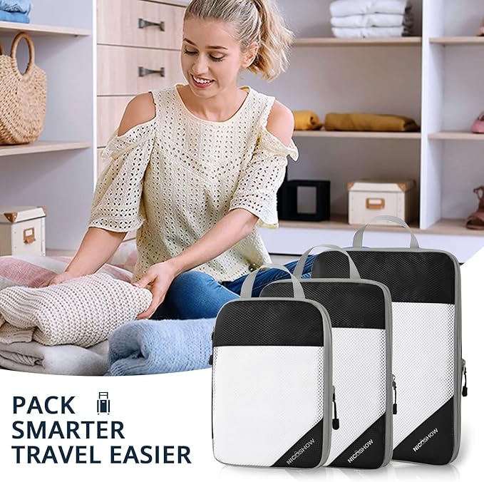 6 Set Compression Packing Cubes for Travel - Compressible, Lightweight, and Space-Saving Packing Cubes, Travel Essentials for Women, Black