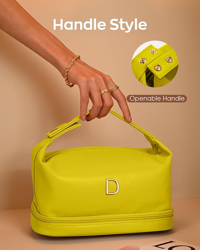 Personalized Gifts for Women Unique, Makeup Bag with Handle, Initial Double Layer Cosmetic Bag with Makeup Brush Organizer, Cute Cosmetic Pouch for Women, Gifts for Friends Female Mom