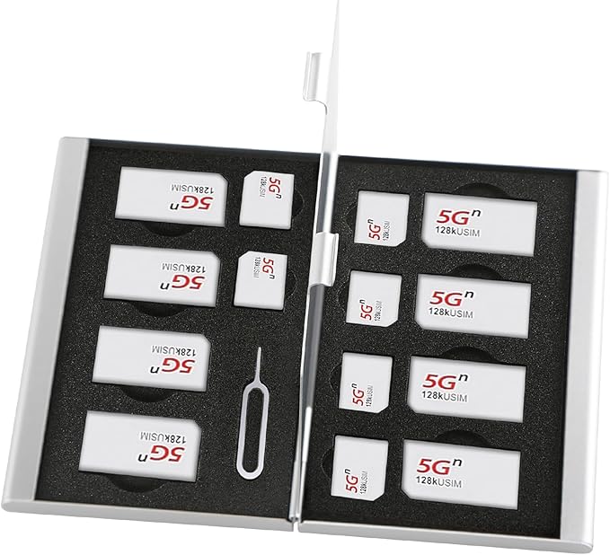 Aluminum SIM Card Case, 15Slots Ultrathin SIM Card Holder, Fit for 8 SIM Card, 6 Micro sim Card, and 1 Cell Phone Eject Pin Slots, Silver