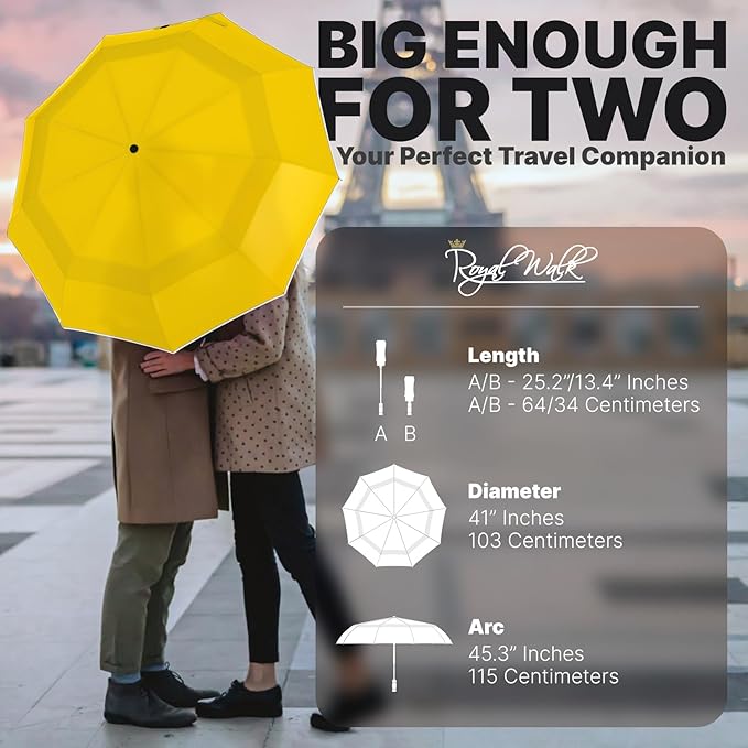 Royal Walk Windproof Folding Travel Umbrella Compact and Strong Luxurious Real Wood Handle Automatic Open Close Vented Double Canopy for Men and Women