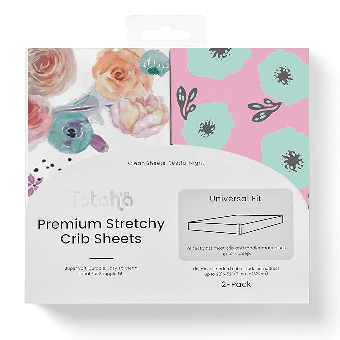 TotAha Premium Stretchy Crib Sheets (2-Pack)-Hypoallergenic, Silky Comfort, Buttery Soft, Calming Effect, All-Season Jersey-Knit Sheets, 9'' Extra Deep Pocket (Colorful Flora & Blue Flowers)