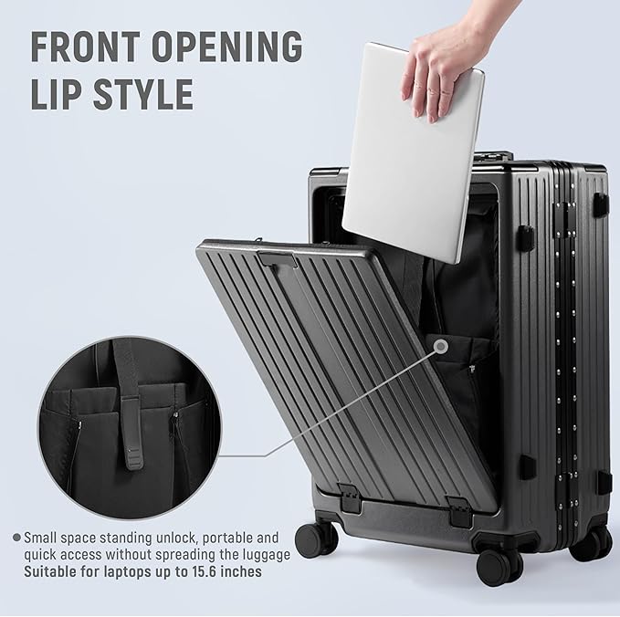 UrbanExplorer 24 Inch Check-In Aluminum Frame Luggage, ABS+PC Hard Shell Suitcases with Spinner Wheels TSA Approved Checked Luggage, Zipperless Suitcases with Cup Holder, Gray