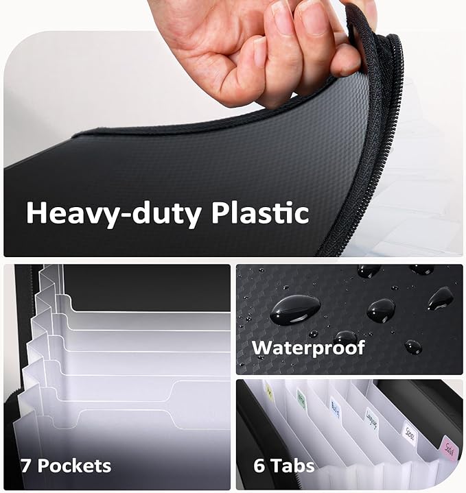 Sooez 7 Pockets Accordion File Organizer, Zipper Expanding File Folder, Heavy Duty Folder Organizer, Sleek Letter Size Accordion Folder, Portable Expandable File Folder for Documents, Black