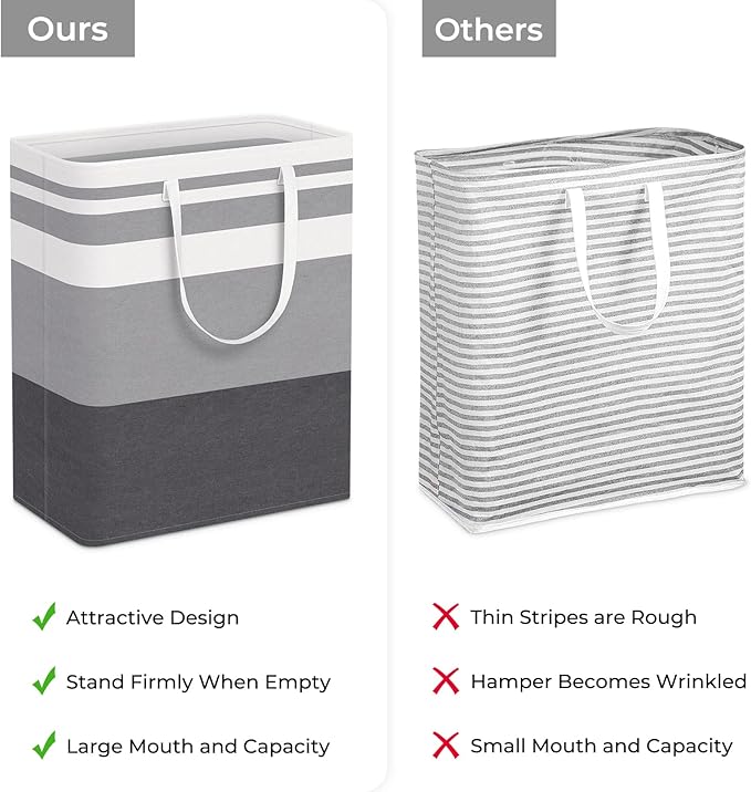 HomeHacks 2 Pack Large Laundry Baskets, Waterproof, Freestanding Laundry Hampers, Collapsible Clothes Hamper with Reinforced Handles in Laundry, College Dorm, Bathroom, Bedroom (Grey+Blue, 125Lx2)