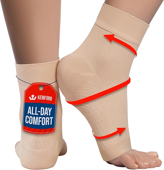 KEMFORD Ankle Compression Sleeve - Plantar Fasciitis Braces - Open Toe Compression Socks for Swelling, Sprain, Neuropathy, Foot Arch Support for Men and Women - 20-30mmhg, 2XL, Beige