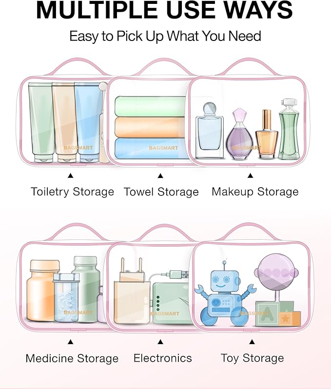 BAGSMART TSA Approved Clear Toiletry Bag, 3 Packs Quart Size Water Resistant Makeup Cosmetic Bags for Women, Airport Airline Travel Essential Carry On Organizer with Handle Large Opening, Pink