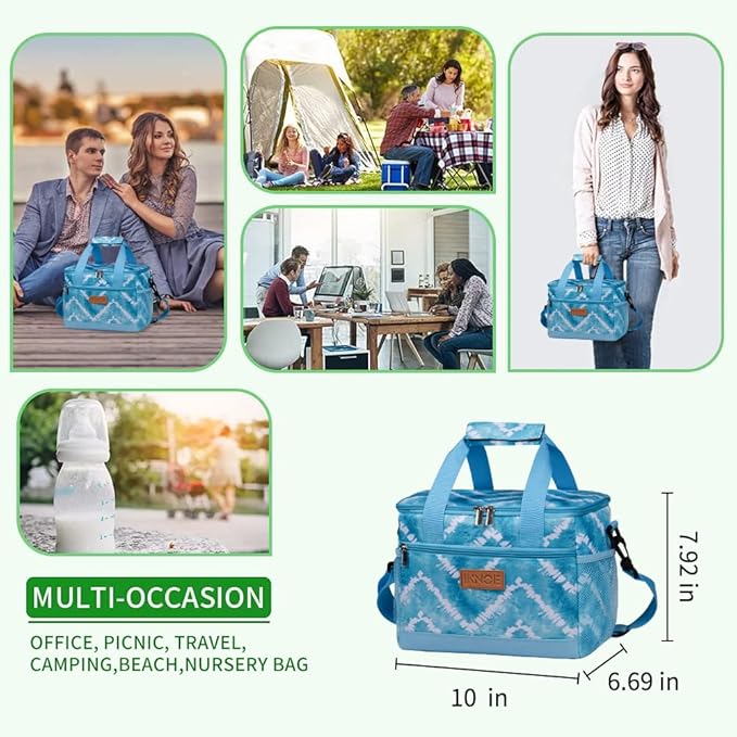 iknoe Large Foldable Cooler Bag, 8.5L Insulated Lunch Bag, Leakproof Lunch Cooler Tote with Multi-Bag Design Suitable for Beach, Picnic and Office Use, Blue White 15-Can