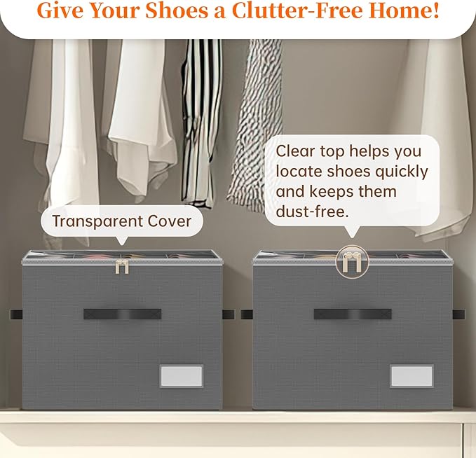 3 Pack Shoe Organizer for Closet, Foldable Shoe Storage Containers, Fits up to 24-48 Pairs, Shoe Storage Organizer Box Cubby Baskets Bins with Clear Cover and Reinforced Handles, Gray