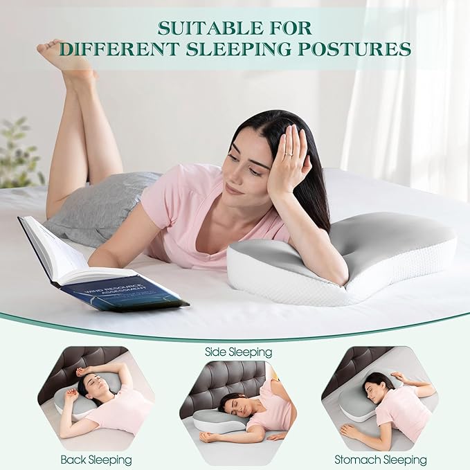 Cervical Pillow for Neck and Shoulder Support, Ergonomic Memory Foam Contour Pillows with Adjustable Dual Heights & Breathable Cover for Side Back Stomach Sleepers(Grey)