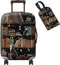 Luggage Cover + Tag, Cat Library Travel Suitcase Protector for 18-20 inch Luggage (S) with Concealed Zipper, Washable Elastic Cloth, Dustproof, Anti-Scratch