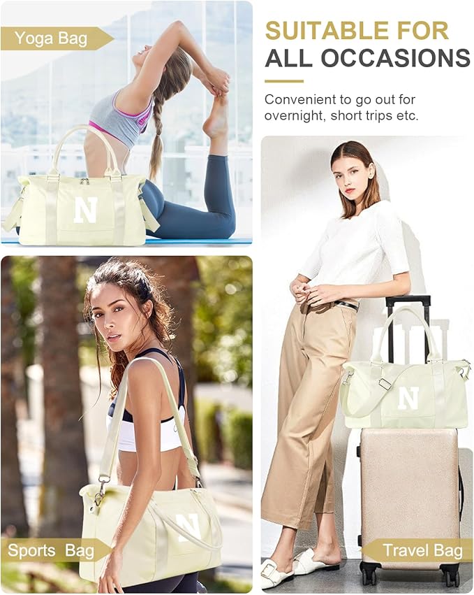 Initial Travel Duffel Bag Sports Gym Bag for Kids Teen Birthday Gifts,Beige Personalized Weekender Bag Carry On Dance Bags for Women Men,Waterproof Monogram Overnight Bag with Trolley Sleeve(Letter N)