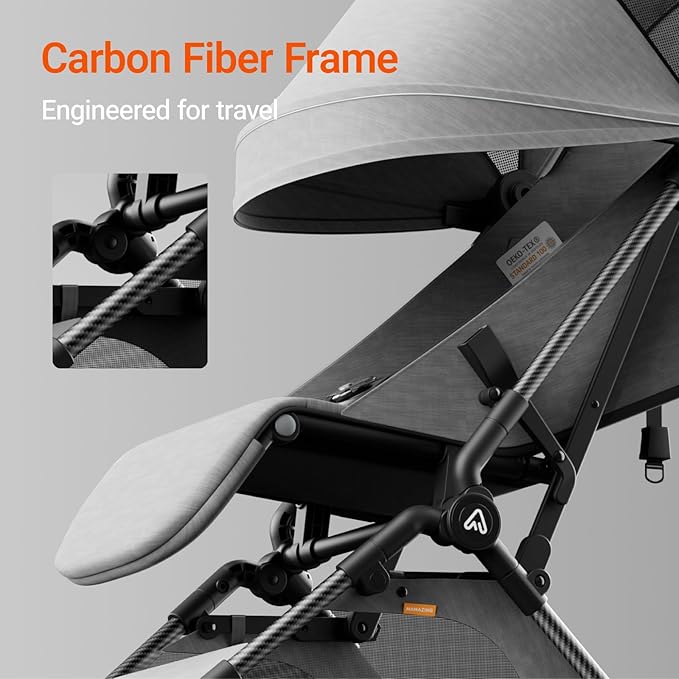 Lightweight Baby Travel Stroller with Carbon Fiber Frame, Compact & Airplane-Friendly, One-Handed Folding Design, 11.6 lbs, Perfect for Toddlers, Organizer & Cushion Included, Grey