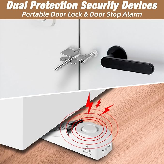 2 Pack Portable Door Lock & 120dB Travel Door Stopper Alarm, 3-Level Sensitivity Adjustable Travel Security Wedge for Hotel Home Apartment Dorm