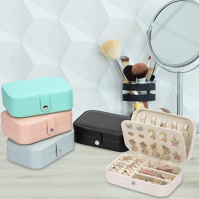 Travel Jewelry Box, PU leather Small Jewelry Organizer For Female Girls, double layer portable mini travel case for storing earrings, rings, necklaces.(white 2pcs)