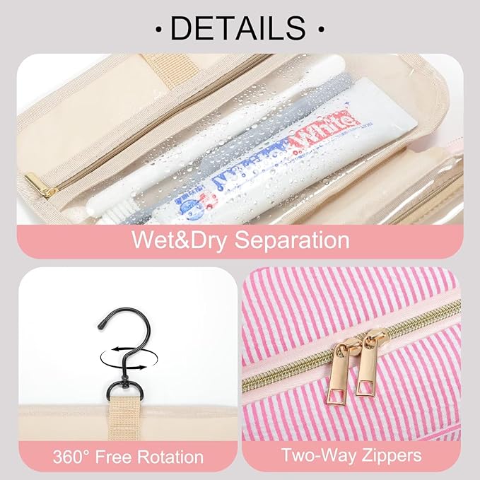 TOPEAST Hanging Toiletry Bag for Women - Travel Toiletry Bag Makeup Bag, Portable Toiletries Cosmetic Bag, Airplane Travel Essentials - Letter T, Pink