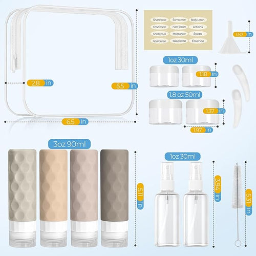 16pack Travel Bottles for Toiletries, TSA Approved Travel Size Containers Set, Leak Proof Refillable Liquid & Creams Toiletries Accessories Kit W/Toiletry Bag (Cream)