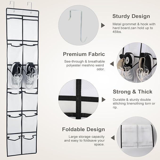 12 Large Pockets Over The Door Hanging Shoe Organizer, White