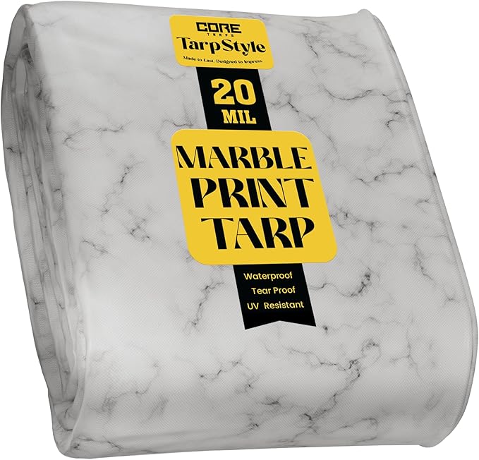 Core Tarps Extreme Heavy Duty 20 Mil Tarp Cover, Waterproof, UV Resistant, Rip and Tear Proof, Poly Tarpaulin with Reinforced Edges for Roof, Camping, Patio, Pool, Boat (Marble/White 30′ X 50′)