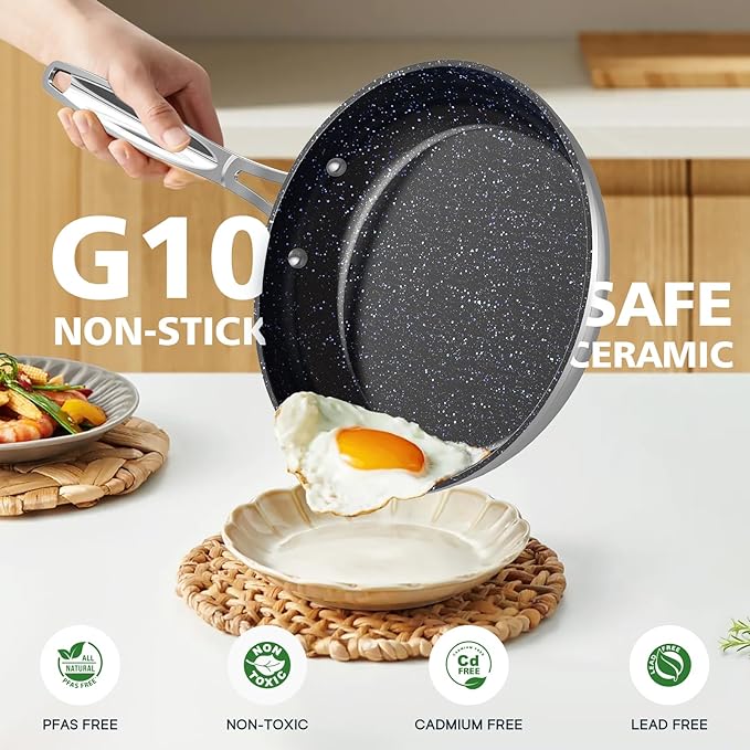 Nuwave 3-Piece 8”, 10”, 12” Forged Lightweight Frying Pan Set, G10 Healthy Duralon Blue Ceramic Ultra Non-Stick, Ergonomic Stay-Cool Handles, Induction-Ready & Works on All Cooktops