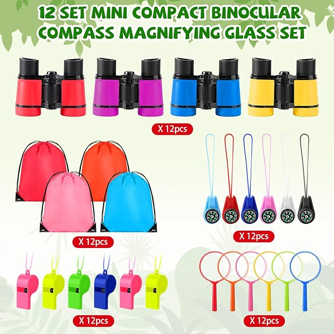 12 Set Binocular Compass Magnifying Glass Set Christmas Birthday Gift Small Telescope Binocular with Whistle Bag for Outdoor Exploring Stocking Stuffer(Multiple Color,Classic)
