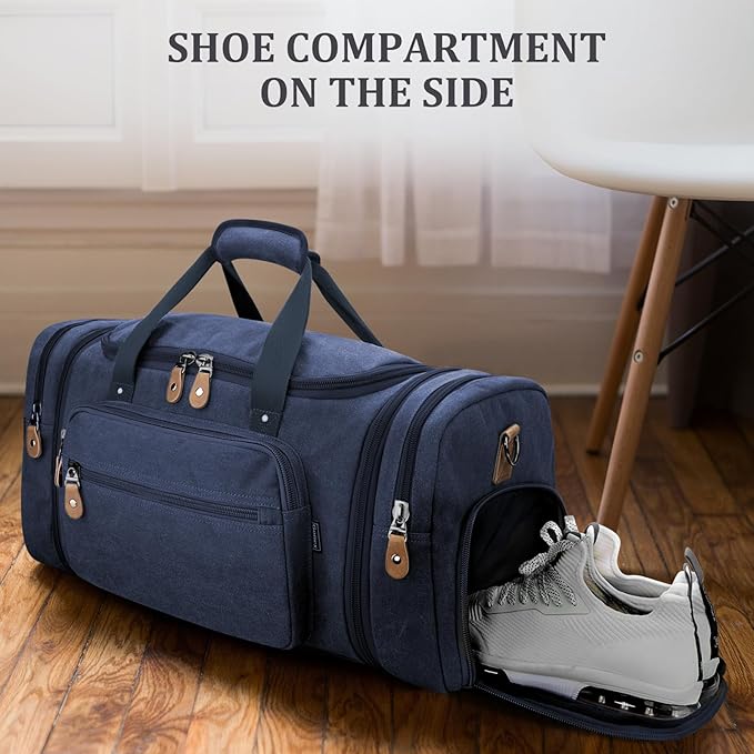 Gonex Canvas Duffle Bag 60L Travel Duffel Overnight Weekend Bag with Shoe Compartment (Blue)