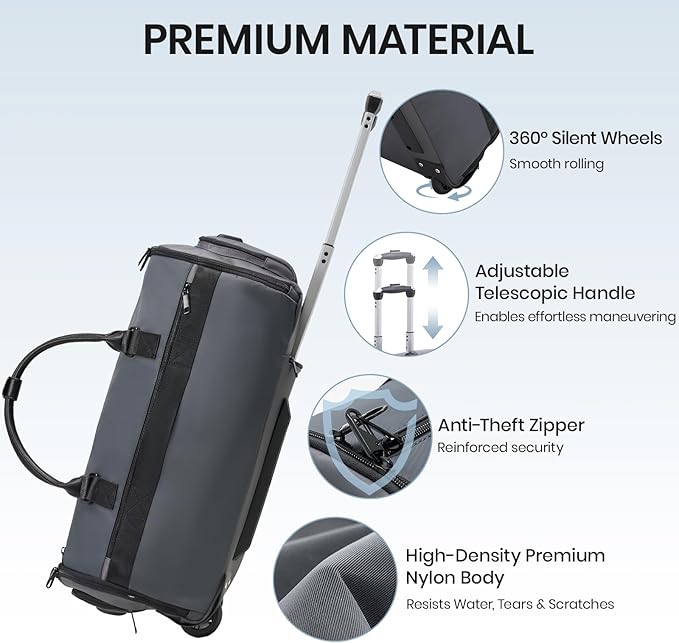 Fanwoli 3-in-1 Rolling Garment Bag for Travel, Wheeled Carry-On Luggage with Shoe Storage & Detachable Organizer, Wrinkle-Free Compartment for Suits/Dresses/Wedding Gowns, Fits Most Airline Size
