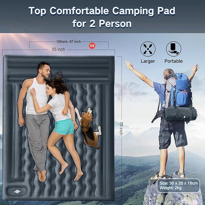 Double Sleeping Pad Camping, Self Inflating 6'' Extra-Thick 2 Person Pillow Built-in Foot Pump Waterproof Inflatable Sleeping Mat Backpacking, Tent, Hiking, Portable Camping Pad (Light Gray)