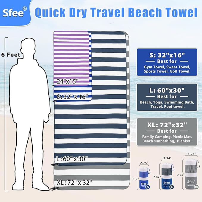 Sfee 2 in 1 Microfiber Beach Towel, Quick Dry Towel Travel Camping Towel Super Absorbent Compact Lightweight Sports Gym Towels Set for Beach, Gym, Hiking, Pool, Backpacking, Bath, Yoga