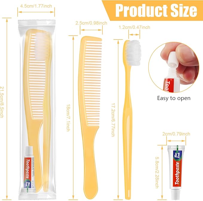 NICEMOVIC 30 Pack Disposable Toothbrushes Bulk with Toothpaste and Comb Travel Size Toothpaste Set Homeless Care Package Supplies for Bulk Individually Wrapped Disposable Travel Hotel Charity, Yellow