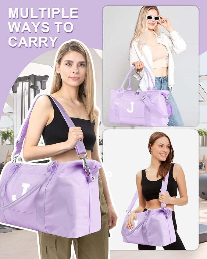 Daughter Niece Gifts for Teen Girl Kids, Initial Travel Duffel Bag Sports Gym Bag Personalized Gifts Weekender Bag，Monogram Overnight Bag Cute Dance Bag Birthday Bridesmaid Gifts for Women(Purple, J)