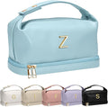 College Girl Gift Ideas, Personalized Makeup Bag with Handle, Initial Double Layer Cosmetic Bag with Makeup Brush Organizer, Birthday Gifts for 11 12 13 14 15 16 17 18 Year Old Girls