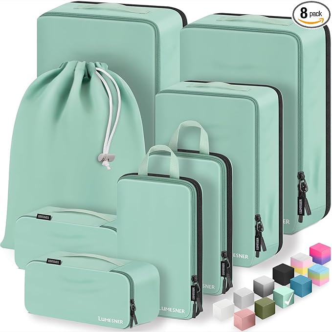8 Set Compression Packing Cubes for Travel, Waterproof Luggage Organizers, Suitcase Organizer Set for Carry-On & Checked Baggage, Travel Accessories for Men & Women