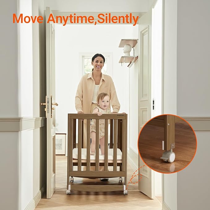 EvoNest Baby Crib, 6 in 1 Convertible Mini Crib with Wheels, 100% New Zealand Wood Growing Bed, 4 Adjustable Mattress Height，Walnut Brown
