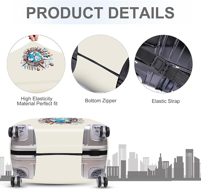 ANNA QUEEN Travel Around the World Luggage Cover, Colorful Landmark Suitcase Protector with Airplane & Globe Design, Stretchable, Washable Travel Sleeve for 24-26 Inch Luggage