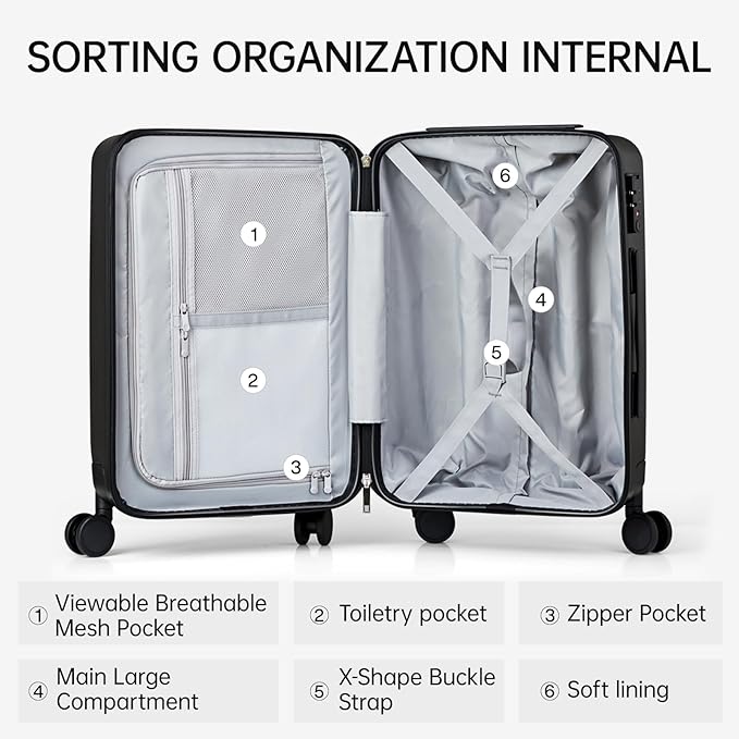 MILADA 20 Inch Carry On Luggage 22x14x9 Airline Approved with Wheels Lightweight HardShell Suitcases Bag Rolling Luggage for Travel, Black