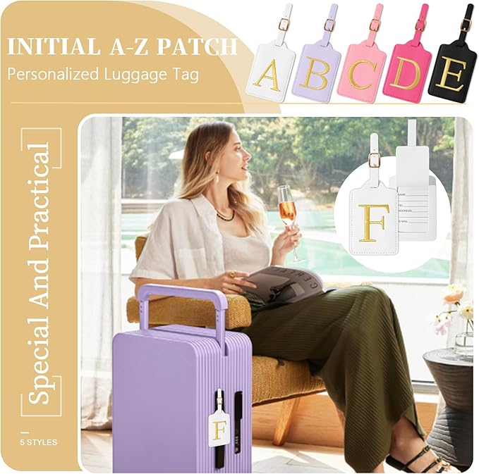 Personalized Initial Luggage Tags for Suitcase TSA Approved, White Leather Cute Luggage Tag with Privacy Cover Name Card, Embroidered Custom Luggage Tags Travel Baggage Tags Gifts for Women Kids(F)