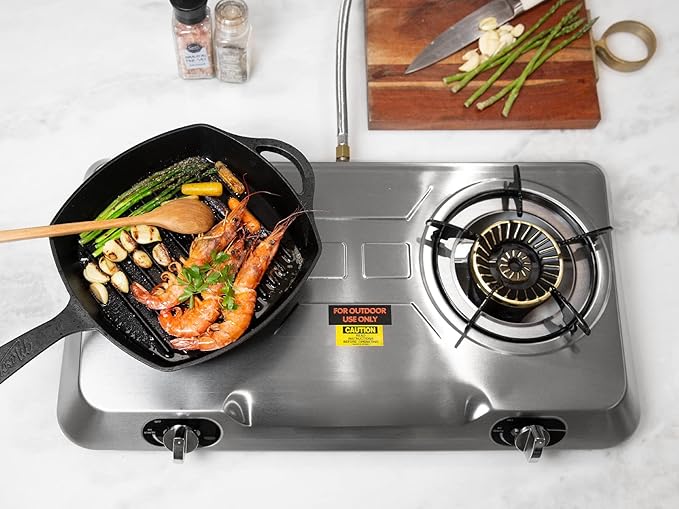 XtremepowerUS 25,516BTU Double Burner Stove Auto Ignition Cooktop Outdoor LPG Propane Camping 2 Stove Burner Portable Stove Burner, Stainless Steel