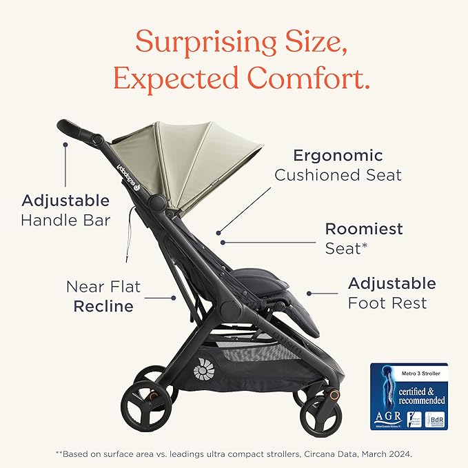 Ergobaby Metro 3 All in One Compact Baby Stroller, Lightweight Travel Stroller, Easy One-Hand Fold for Overhead Airplane Storage (Carries up to 50 lbs), Car Seat Compatible,Graphite Grey