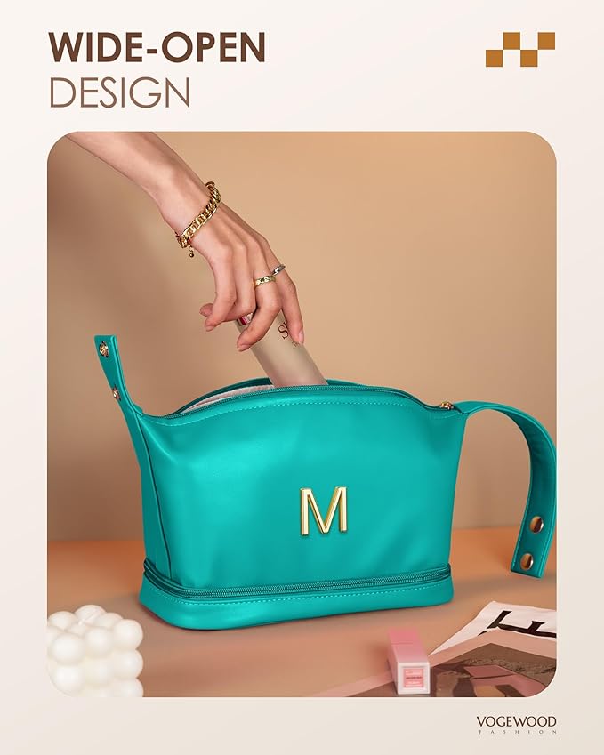 Birthday Gifts for Women 30s, Personalized Makeup Bag with Handle, Initial Double Layer Cosmetic Bag with Makeup Brush Organizer, Cute Cosmetic Pouch for Women, Gift for Friends Female Mom