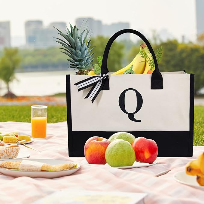 TOPDesign Embroidery Initial Canvas Tote Bag, Personalized Present Bag, Suitable for Wedding, Birthday, Beach, Holiday, is a Great Gift for Women, Mom, Teachers, Friends, Bridesmaids (Letter Q)