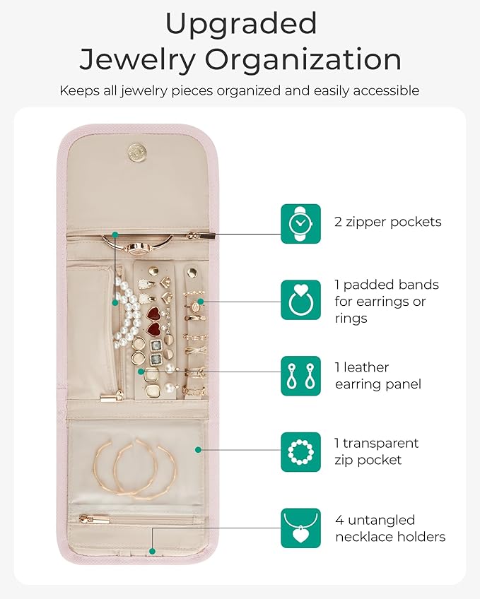 BAGSMART Travel Jewelry Organizer Case, Foldable Jewelry Roll for Necklaces, Earrings, Journey-Rings, Bracelets, Brooches, Portable, Pink