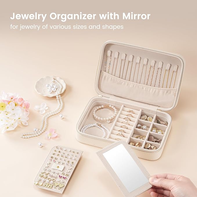 Lolalet Travel Jewelry Case for Women, Travel Jewelry Organizer Box with Mirror & Clear Storage Bag, Small Portable Traveling Earring Necklace Bracelet Ring Case, Bridesmaid Gifts -Medium, White
